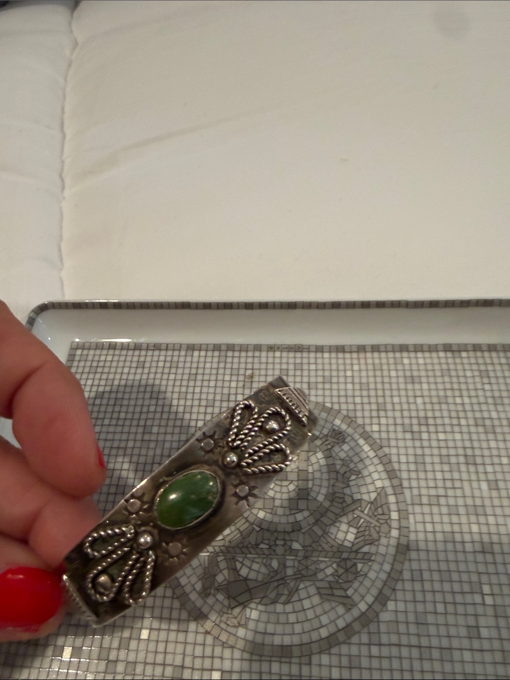 Vintage sterling Silver-Tone Green Stone Cuff Bracelet - Women Accessories